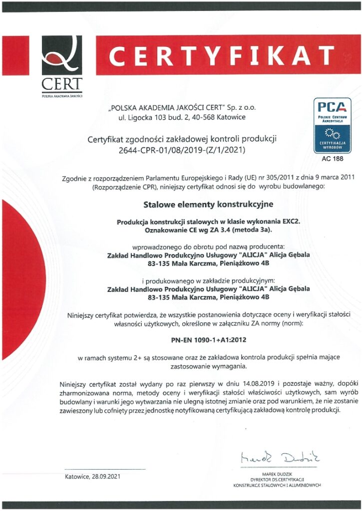 Certyfikat zgodności zakładowej kontroli produkcji