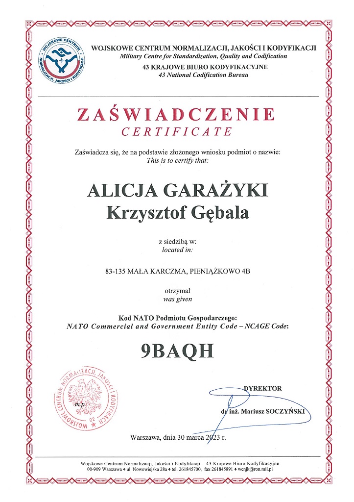Certyfikat, zaświadczenie Wojskowe Centrum Normalizacji Jakości i Kodyfikacji