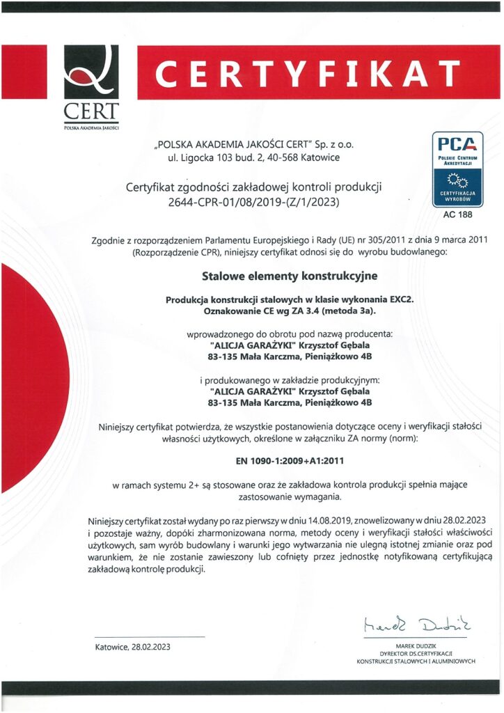 Certyfikat zgodności zakładowej kontroli produkcji.